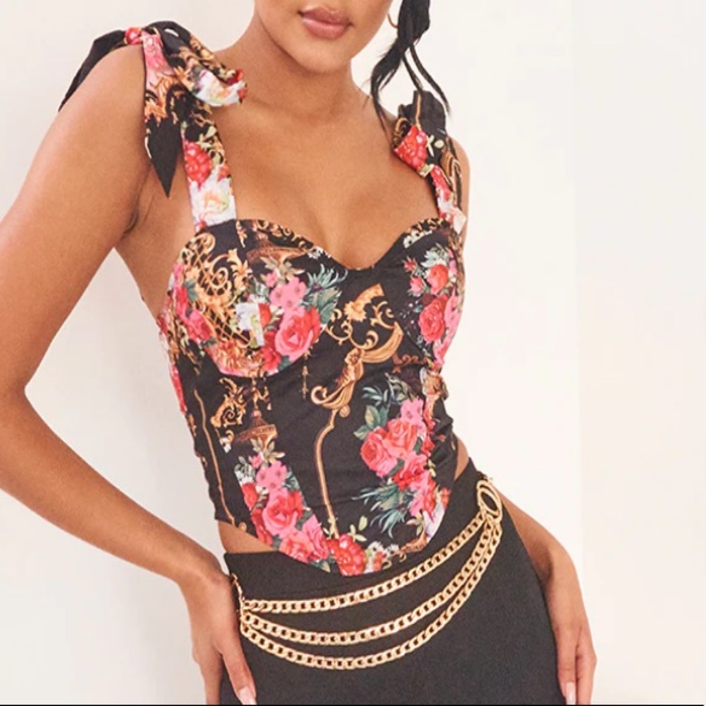 Pink Satin Floral Baroque Tie Strap Crop Top